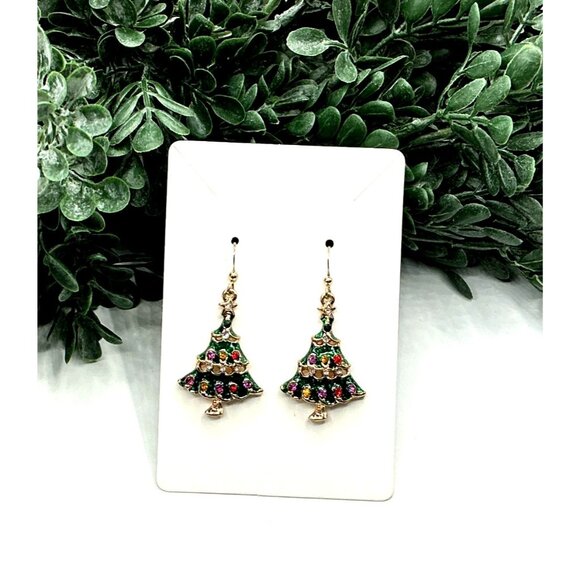 Christmas Tree Dangle Earrings With Multicolor Rhinestones - Picture 5 of 5